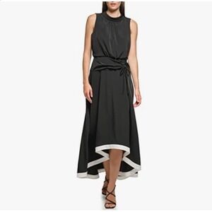 Karl Lagerfeld Paris Black‎ Sleeveless Mock Neck Asymmetrical Hem Midi Dress
